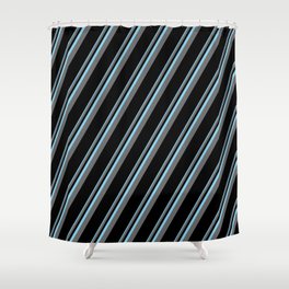 [ Thumbnail: Sky Blue, Dim Grey, and Black Colored Pattern of Stripes Shower Curtain ]