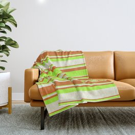 [ Thumbnail: Beige, Chocolate & Light Green Colored Lined/Striped Pattern Throw Blanket ]