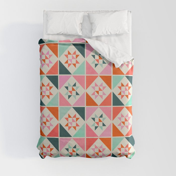 Festive Quilt Pattern in Pink, Red And Green Duvet Cover