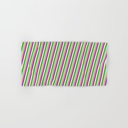 [ Thumbnail: Colorful Beige, Green, Aquamarine, Brown, and Dark Orchid Colored Lines/Stripes Pattern Hand & Bath Towel ]