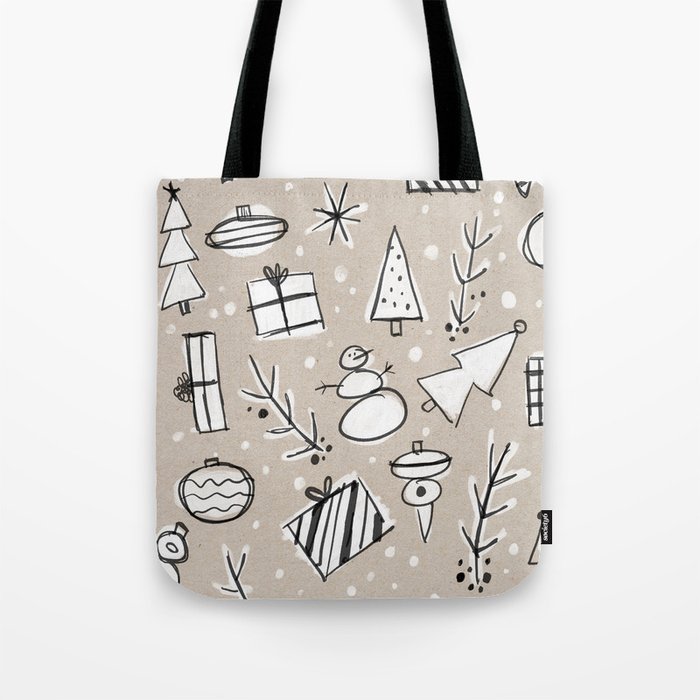 Christmas White and Kraft Sketches Tote Bag | Drawing, Ink-pen, Kraft-paper, White-guache, Ink-sketches, Kraft-christmas-pape, Kraft-and-white-xmas