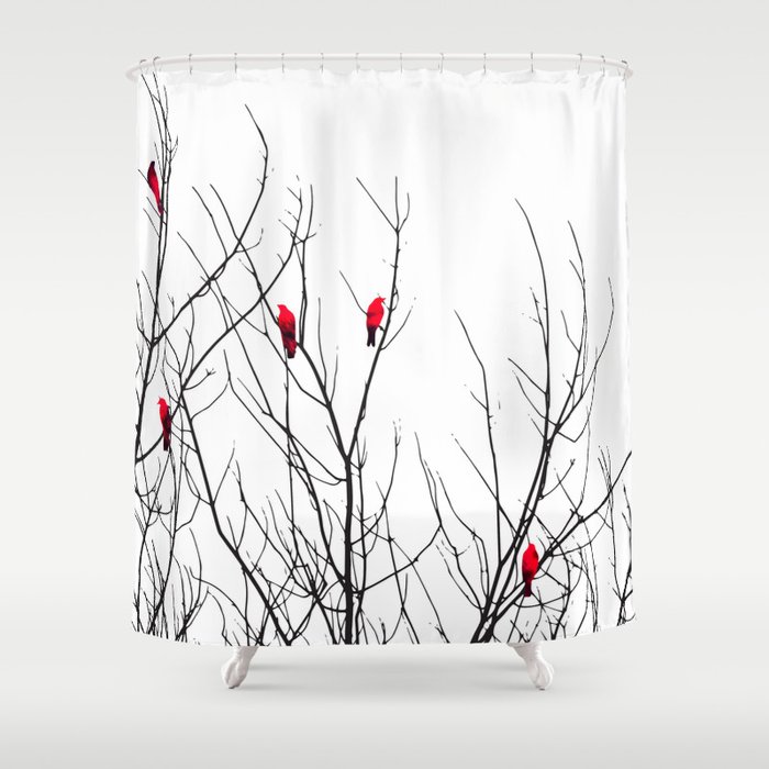 Artistic Bright Red Birds on Tree Branches Shower Curtain