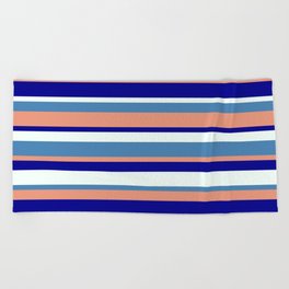 [ Thumbnail: Blue, Dark Salmon, Dark Blue & Mint Cream Colored Stripes Pattern Beach Towel ]
