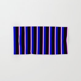 [ Thumbnail: Fuchsia, White, Blue, and Black Colored Lines Pattern Hand & Bath Towel ]