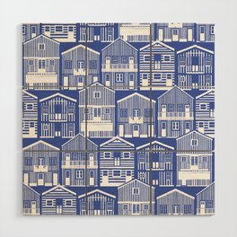Monochromatic Portuguese houses // electric blue background white striped Costa Nova inspired houses Wood Wall Art