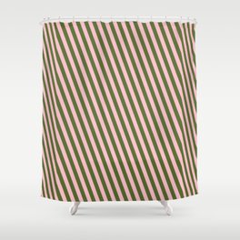 [ Thumbnail: Dark Olive Green and Pink Colored Lined/Striped Pattern Shower Curtain ]