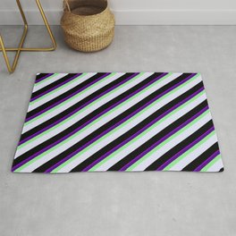 [ Thumbnail: Eyecatching Dark Violet, Indigo, Light Green, Lavender & Black Colored Stripes Pattern Rug ]