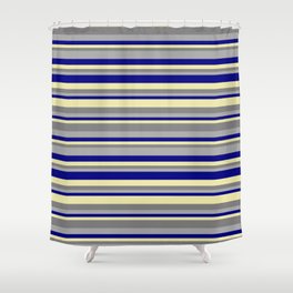[ Thumbnail: Dark Gray, Blue, Pale Goldenrod, and Gray Colored Striped Pattern Shower Curtain ]