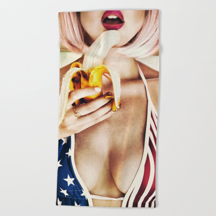 Hot sexy girl with banana us flag bra Beach Towel by qpartz