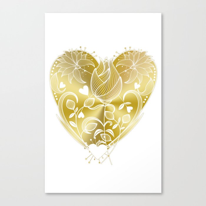 White Inked Floral Heart - Golds Canvas Print