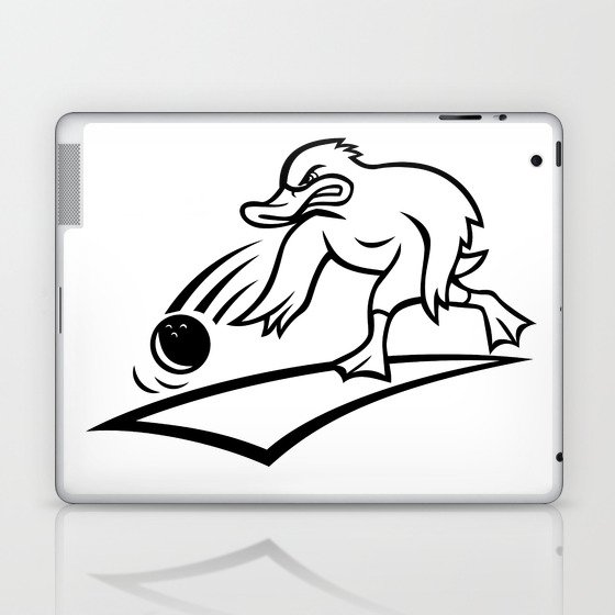 Duck Bowler Bowling Ball Cartoon Black and White Laptop & iPad Skin
