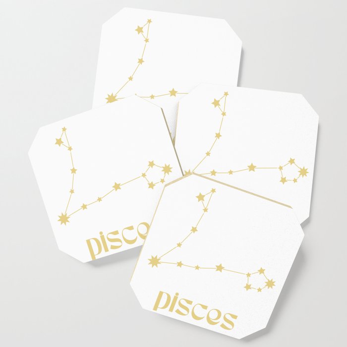 Pisces Sign Star Constellation Art, Retro Groovy Gold Font, Wall Decor Coaster