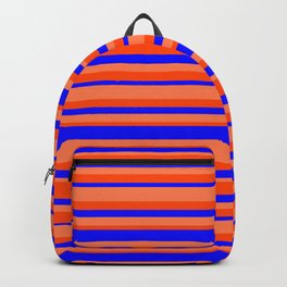 [ Thumbnail: Blue, Coral & Red Colored Striped Pattern Backpack ]