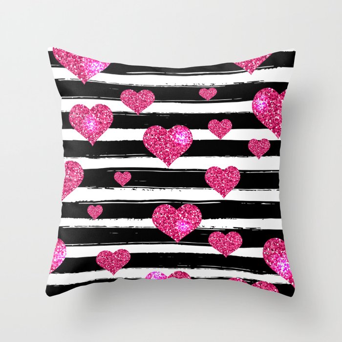 Black Stripes and Pink Hearts | Glitter Chic Pattern 09 Throw Pillow