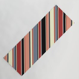 [ Thumbnail: Vibrant Dark Salmon, Slate Gray, Black, Light Yellow, and Brown Colored Lines/Stripes Pattern Yoga Mat ]