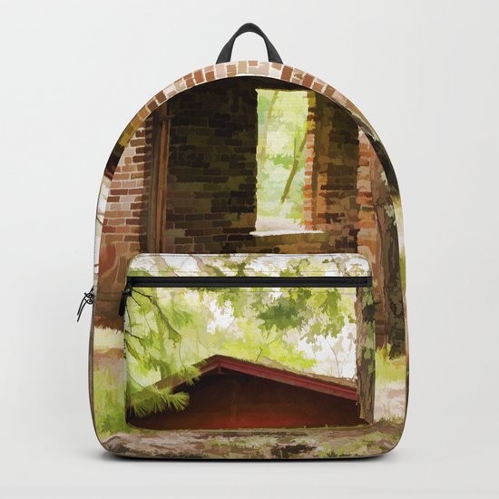 Abandoned brick building in the woods Backpack