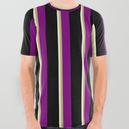 [ Thumbnail: Beige, Dark Khaki, Purple & Black Colored Stripes Pattern All Over Graphic Tee ]
