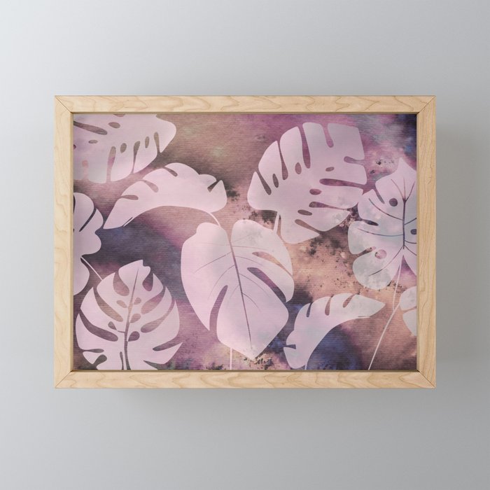 Monstera Gorgeous Foliage Tropical Dusty Pink Purple Watercolor Leaves  Framed Mini Art Print