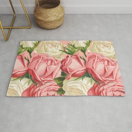 Coral pink blush cream ivory and green summer big roses Rug