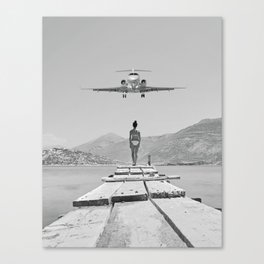 Steady As She Goes; aircraft coming in for an island landing black and white photography- photographs Canvas Print