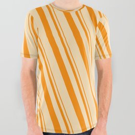 [ Thumbnail: Dark Orange & Beige Colored Lined/Striped Pattern All Over Graphic Tee ]