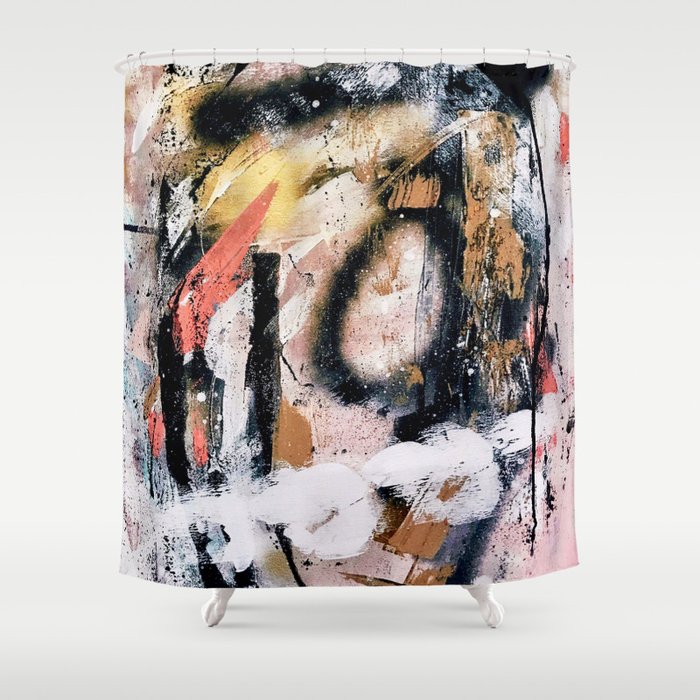 Lightning Soul: a vibrant colorful abstract acrylic, ink, and spray paint in gold, black, pink Shower Curtain