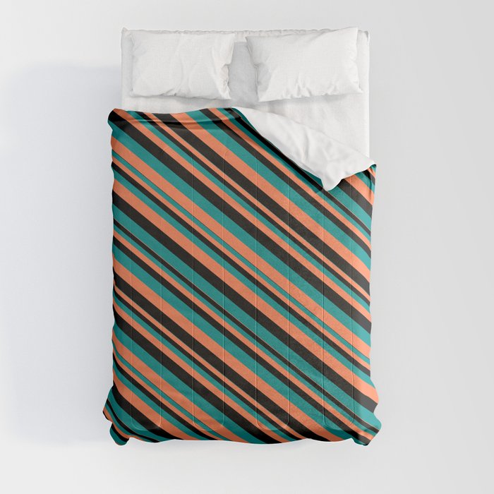 Black, Dark Cyan & Coral Colored Striped Pattern Comforter