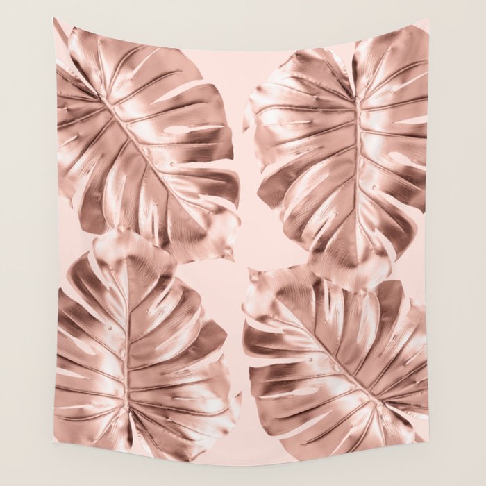 Rose Gold Monstera Leaves on Blush Pink Wall Tapestry by Simple Luxe by Nature Magick Society6