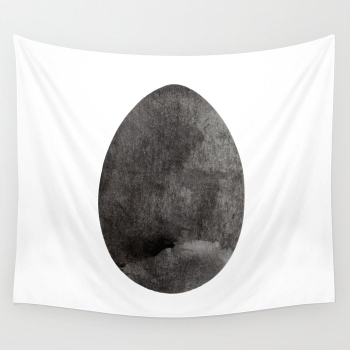 Flat Easter egg symbol. Cooking and food sign. Bird eggshell logo. Monochrome black-white watercolor isolated on white. Design for background, cover and packaging, Easter and food illustration, greeting card. Wall Tapestry