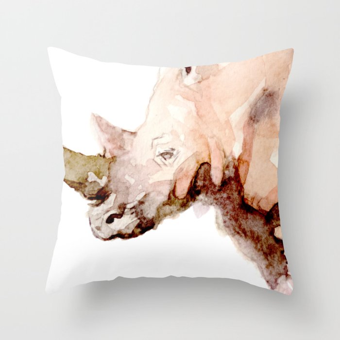 Rhino Watercolor Handmade Painting Throw Pillow