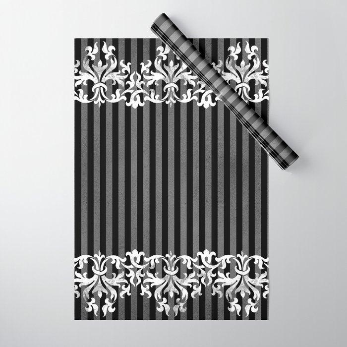 GOTHIC CHRISTMAS  BLACK AND GREY STRIPES WITH ORNATE SILVER WHITE EMBELISHMENTS Wrapping Paper