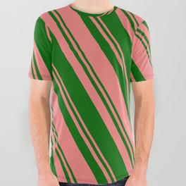 [ Thumbnail: Light Coral and Dark Green Colored Lines Pattern All Over Graphic Tee ]