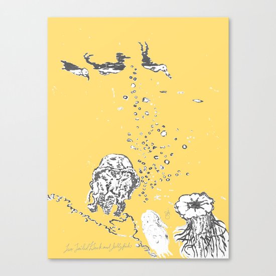 Two Tailed Duck and Jellyfish Pale Yellow Mellow Canvas Print