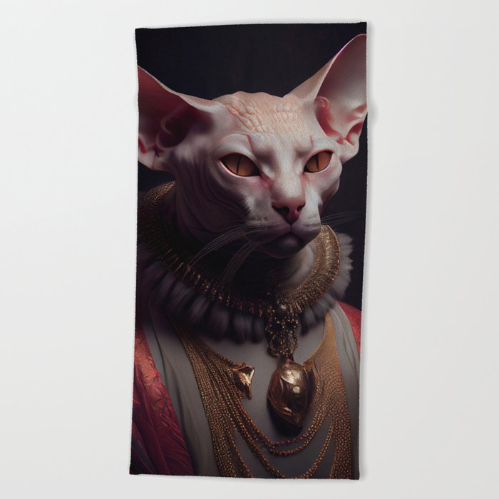 Sphynx King Cat Breed Portrait Royal Renaissance Animal Painting Beach Towel