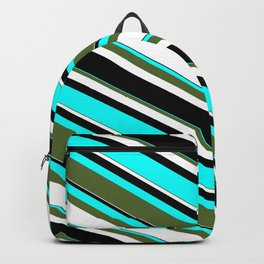 [ Thumbnail: Cyan, Dark Olive Green, White, and Black Colored Lined/Striped Pattern Backpack ]