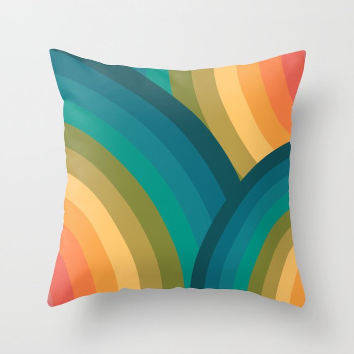 Overlapping Retro Rainbows Cool to Warm Colors Throw Pillow