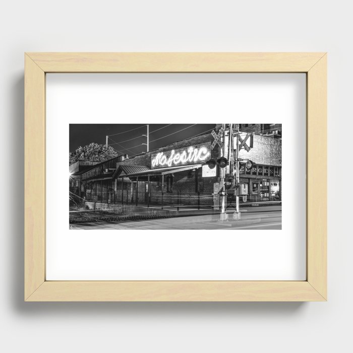 Dickson Street's Majestic Music Lounge Along The Tracks - Black and White Panorama Recessed Framed Print