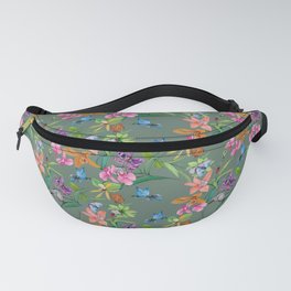  Floral pattern, plants and hummingbirds on green background Fanny Pack