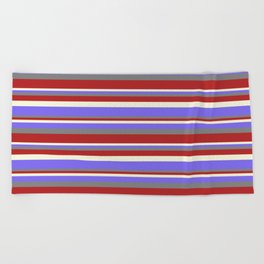 [ Thumbnail: Gray, Red, Beige & Medium Slate Blue Colored Stripes Pattern Beach Towel ]