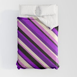 [ Thumbnail: Dark Violet, Indigo, Beige, Orchid, and Black Colored Pattern of Stripes Comforter ]