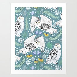Snowy Owls on a Snowy Day - Teal Background Art Print