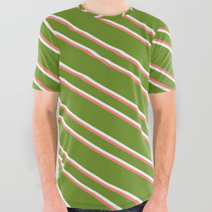 Green, Mint Cream, and Salmon Colored Lines Pattern All Over Graphic Tee