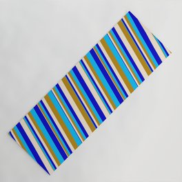 [ Thumbnail: Beige, Dark Goldenrod, Deep Sky Blue & Blue Colored Stripes Pattern Yoga Mat ]