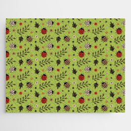 Ladybug and Floral Seamless Pattern on Light Green Background Jigsaw Puzzle