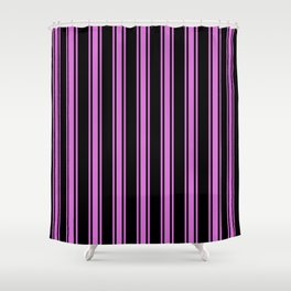 [ Thumbnail: Black and Orchid Colored Pattern of Stripes Shower Curtain ]