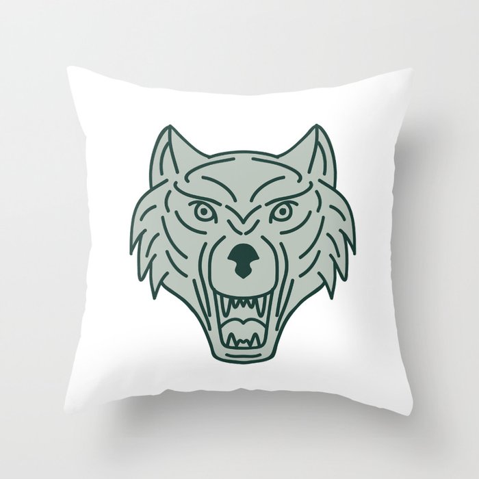 Gray Wolf Head Mono Line Throw Pillow