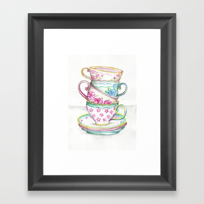 Tea Cup Art Kitchen Watercolor Painting Drawing Framed Art Print