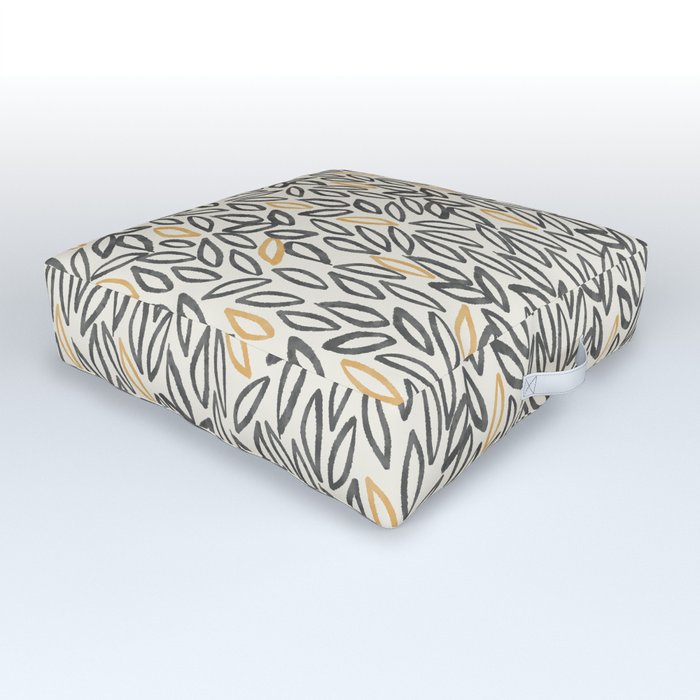 Organic Leaves Abstract Pattern in Charcoal Gray, Muted Mustard Gold, and Cream Outdoor Floor Cushion