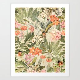 Vintage Tropical Palm And Flower Jungle  Art Print