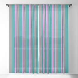 [ Thumbnail: Dark Cyan, Grey, and Violet Colored Stripes/Lines Pattern Sheer Curtain ]